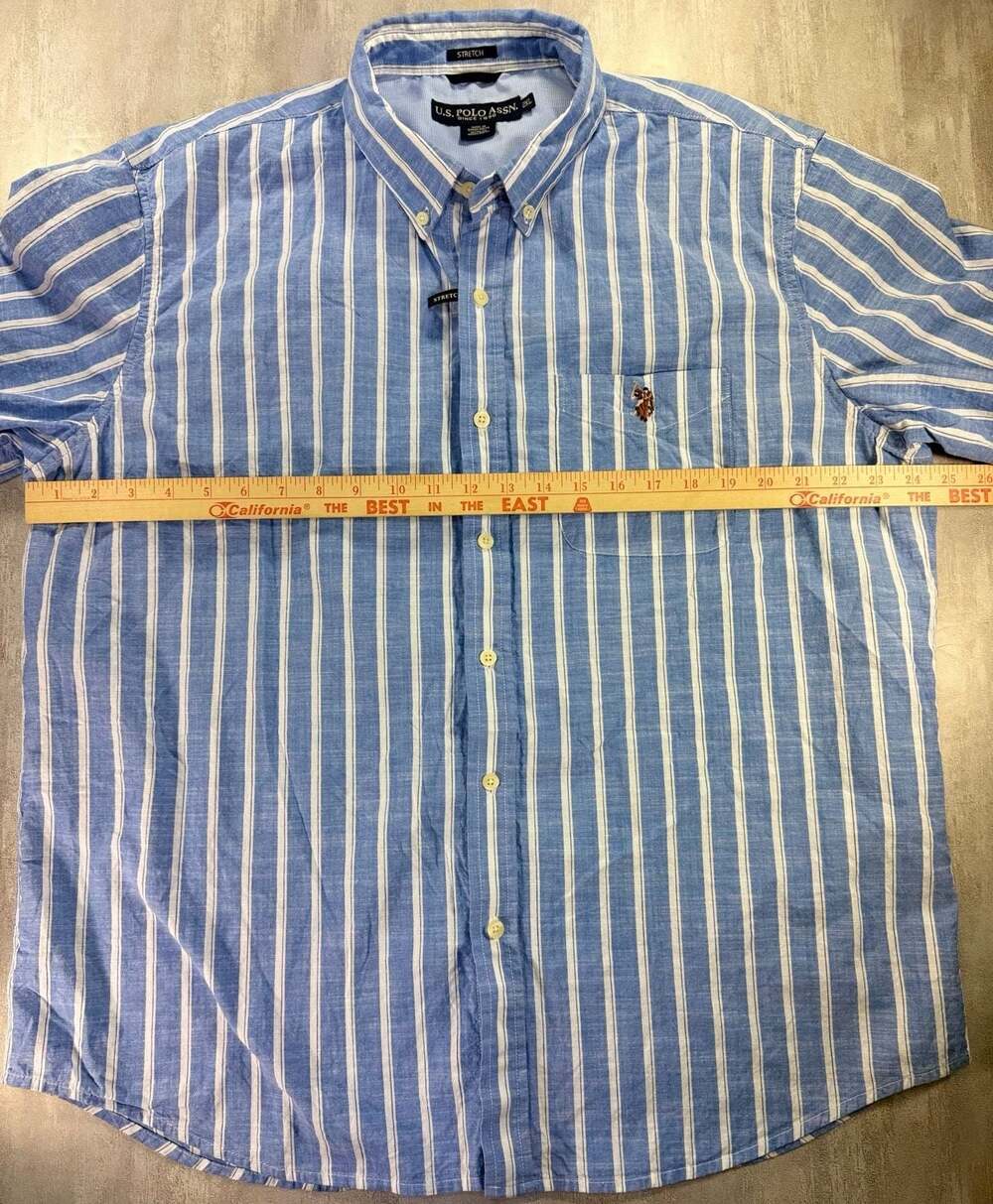 U.S. Polo Assn. Men's Blue White Striped Short Sleeve Stretch Button Down Shirt - Picture 3 of 6